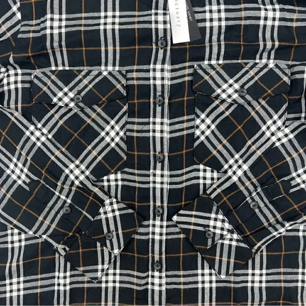 New Sanctuary Men Black Plaid Shirt Casual Classic Long Sleeve Button Down US M - Picture 11 of 13